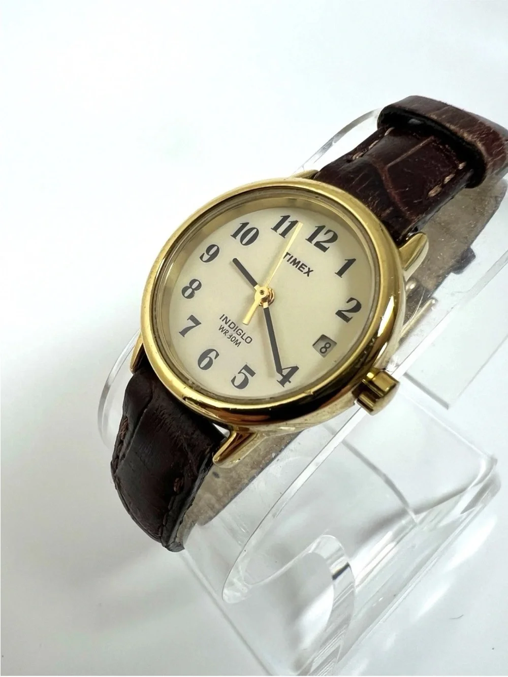 Timex Gold-Tone Round Watch with White Dial and Brown Leather Strap